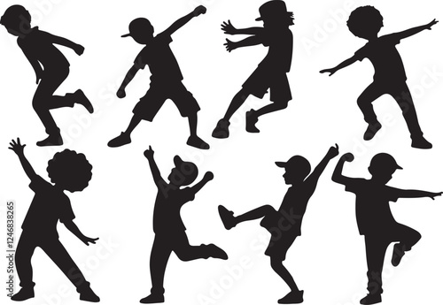 Vector illustration set of boys dance silhouette, flat black color boy dancer in dancing silhouette on a white background.