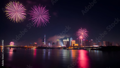 Spectacular Mardi Gras Fireworks Display Above Mississippi River with New Orleans Skyline and Text Space
