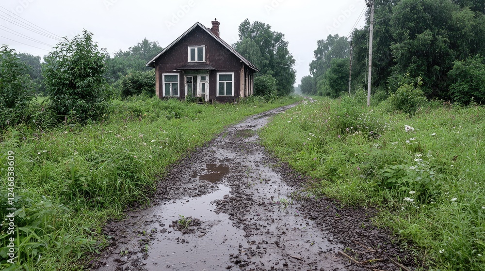 Abandoned house, muddy road, forest, rainy day, rural landscape Abandoned house, muddy road, forest, rainy day, rural landscape