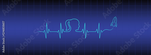 Editable blue ekg monitor, cardio diagnosis, people head spaceship vector. Heart rhythm line vector design to use for healthcare, healthy lifestyle, medicine, ekg, ecg concept illustration projects. 
