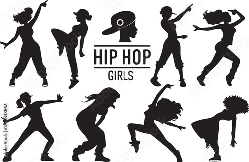 Vector illustration, Hip hop girls dancer silhouette set, flat black color girls dancing on a white backgound.