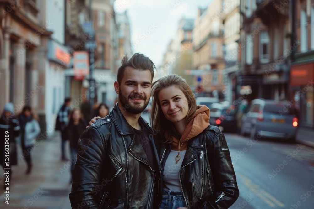 Portrait of a satisfied caucasian couple in their 30s sporting a classic leather jacket isolated in bustling city street background Portrait of a satisfied caucasian couple in their 30s sporting a classic leather jacket isolated in bustling city street background