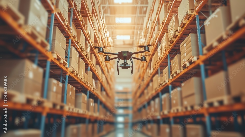 Fototapeta premium Drone Flying Over Shelves in Modern Warehouse Space