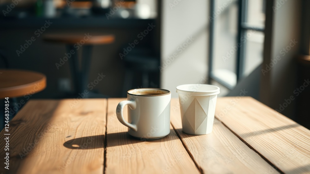 Morning sunlight illuminates a wooden table with two white cups, one filled with coffee, creating a tranquil cafe scene. Morning sunlight illuminates a wooden table with two white cups, one filled with coffee, creating a tranquil cafe scene.