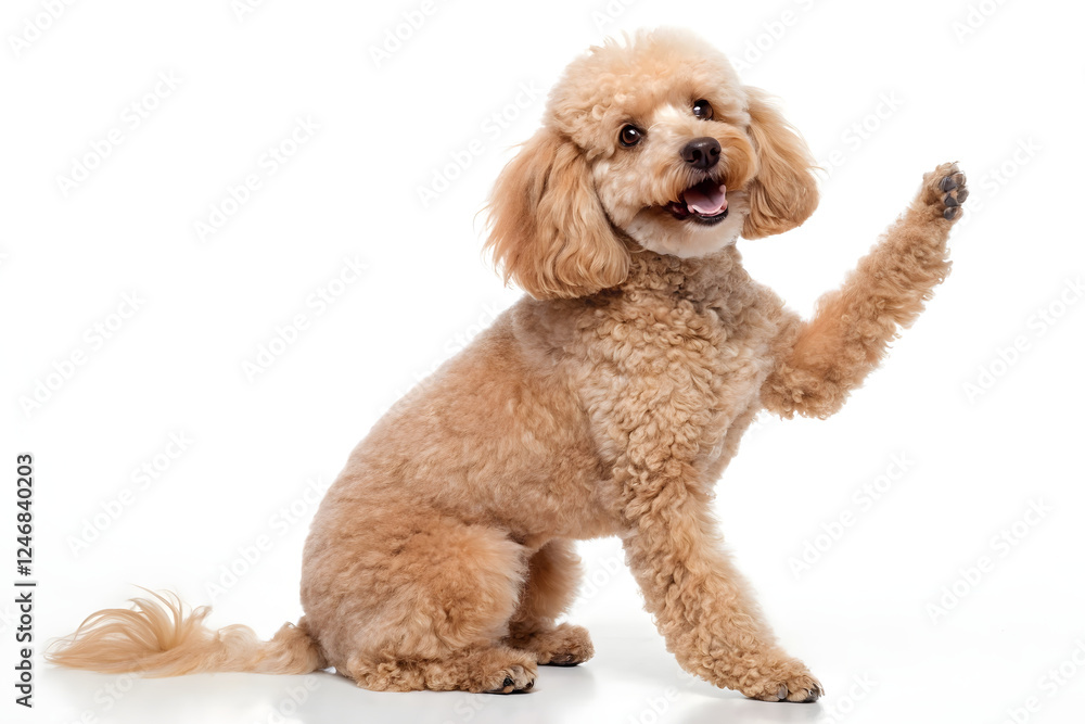 Happy Smiling Toy Poodle Sitting with Paw Raised on White Background Happy Smiling Toy Poodle Sitting with Paw Raised on White Background