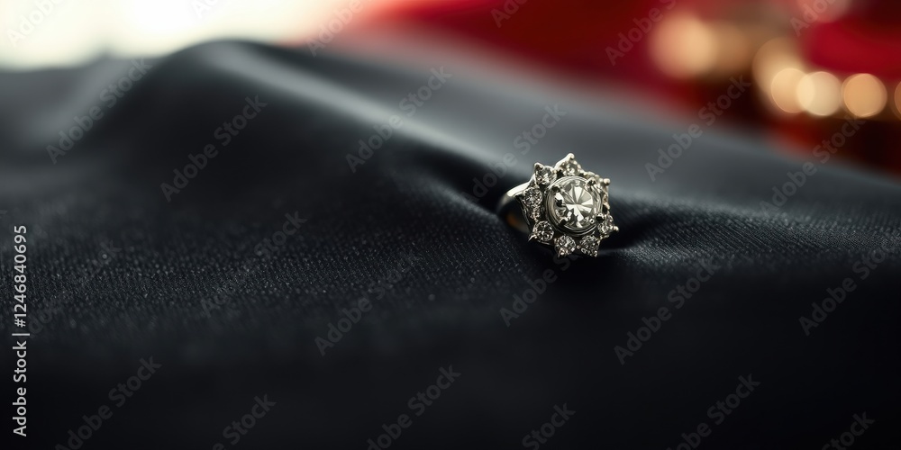 A dazzling diamond ring rests on a dark fabric, showcasing its brilliant sparkle and intricate design. A dazzling diamond ring rests on a dark fabric, showcasing its brilliant sparkle and intricate design.