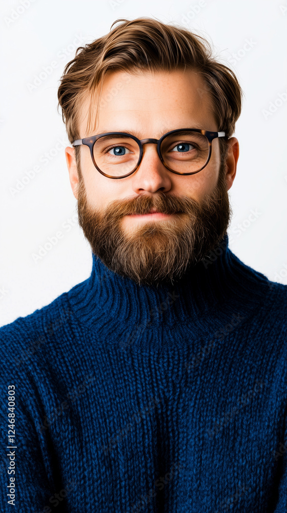 Professional portrait of man with glasses and beard in blue sweater Professional portrait of man with glasses and beard in blue sweater