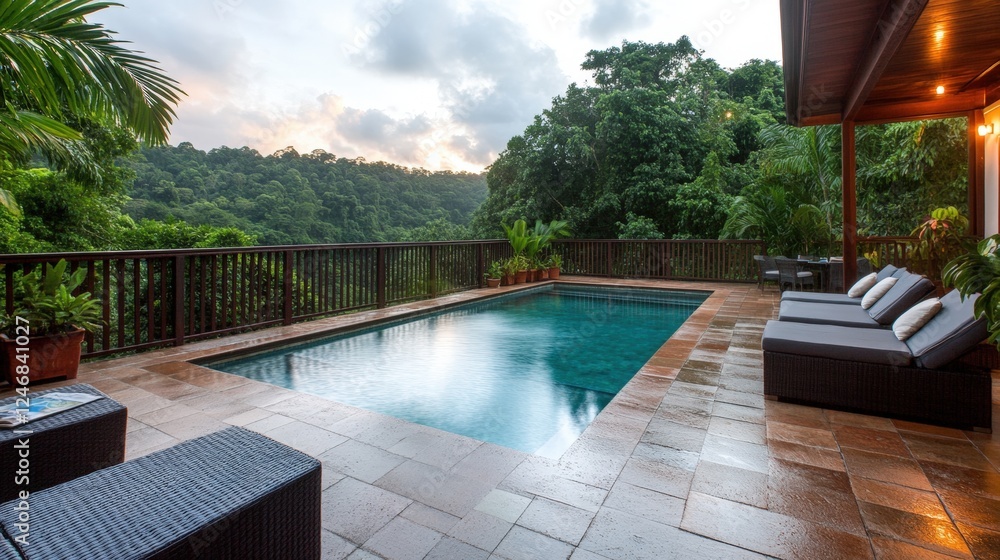Fototapeta premium Poolside lounge chair and table beside a clear swimming pool in a sunny outdoor setting