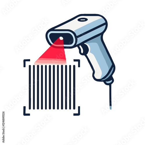 Minimalist barcode scanner icon, clean and modern style, flat design emitting a red laser beam over a barcode on a plain white background