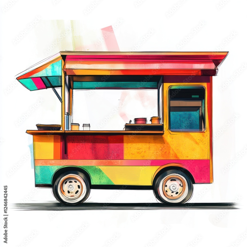 Obraz premium Colorful street food cart, vibrant design, abstract background, artistic food truck