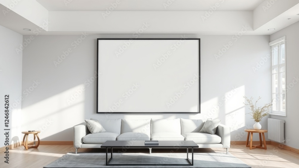 Modern Minimalist Living Room with Large Blank Canvas for Artwork and Design Inspiration Modern Minimalist Living Room with Large Blank Canvas for Artwork and Design Inspiration