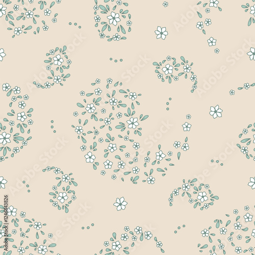 Seamless pattern with Paisley motifs filled with ditsy flowers. Traditional indian floral repeat design. Mughal boho background