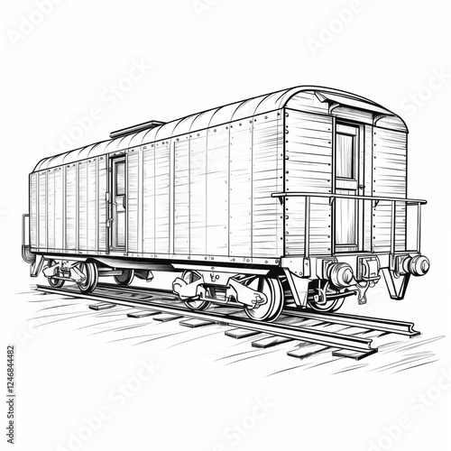 Railway cargo carriage, vintage freight railway carriage on rails, angle view, badge, simple black and white drawing highlighted on a white background, without people, picture, image for printing photo