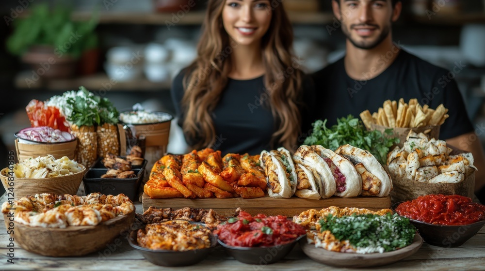Happy couple sitting behind a large spread of diverse, delicious food. Happy couple sitting behind a large spread of diverse, delicious food.