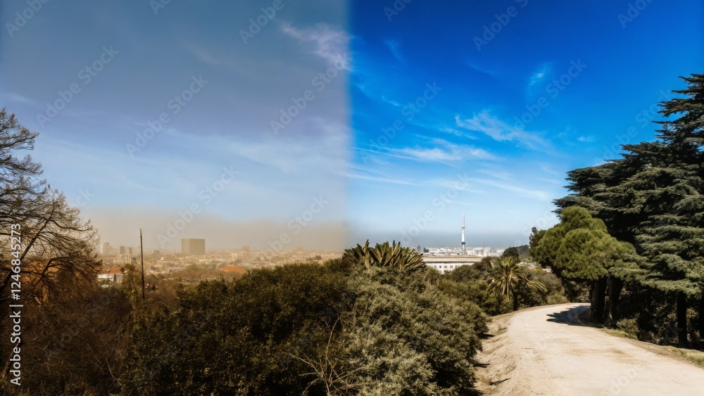 Fototapeta premium A creative comparison showing a city before and after pollution control measures. The left side is covered in smog, while the right side is a clear, vibrant skyline with blue skies
