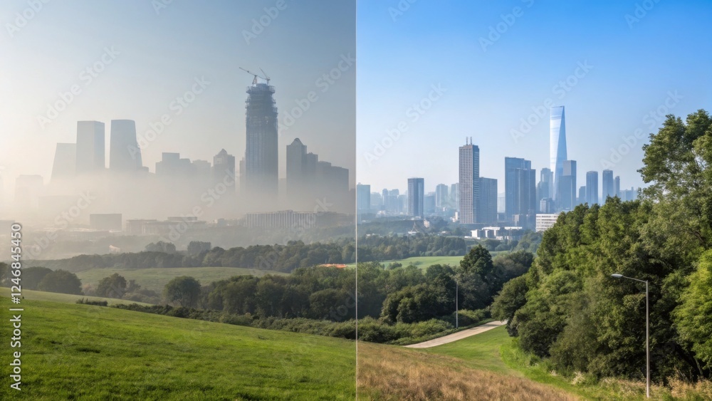A creative comparison showing a city before and after pollution control measures. The left side is covered in smog, while the right side is a clear, vibrant skyline with blue skies A creative comparison showing a city before and after pollution control measures. The left side is covered in smog, while the right side is a clear, vibrant skyline with blue skies
