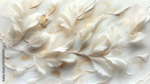 Elegant white background texture featuring intricate floral patterns and soft leaves, creating serene and calming atmosphere