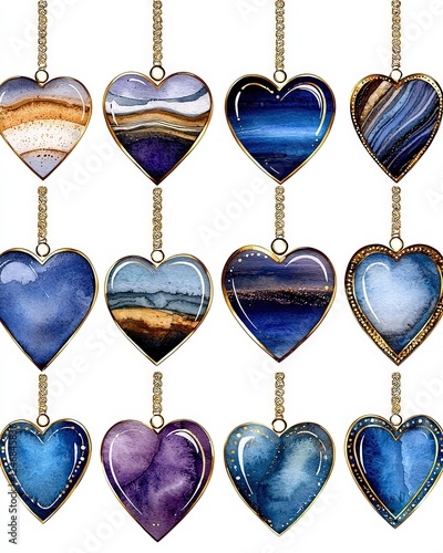 Isolated Collection of Watercolor Heart Shapes on White Background Featuring Shades of Blue and Purple Ideal for Decorative and Artistic Applications