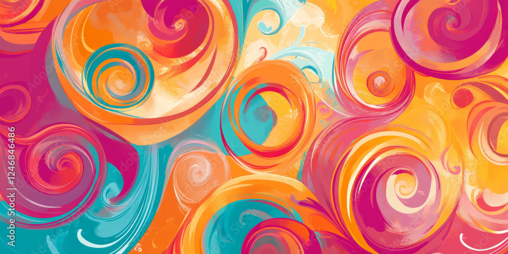 A bright, colorful abstract background with swirling shades of orange, pink, and turquoise, creating a sense of movement and flow. This playful, energetic design is ideal for childrenвАЩs products,