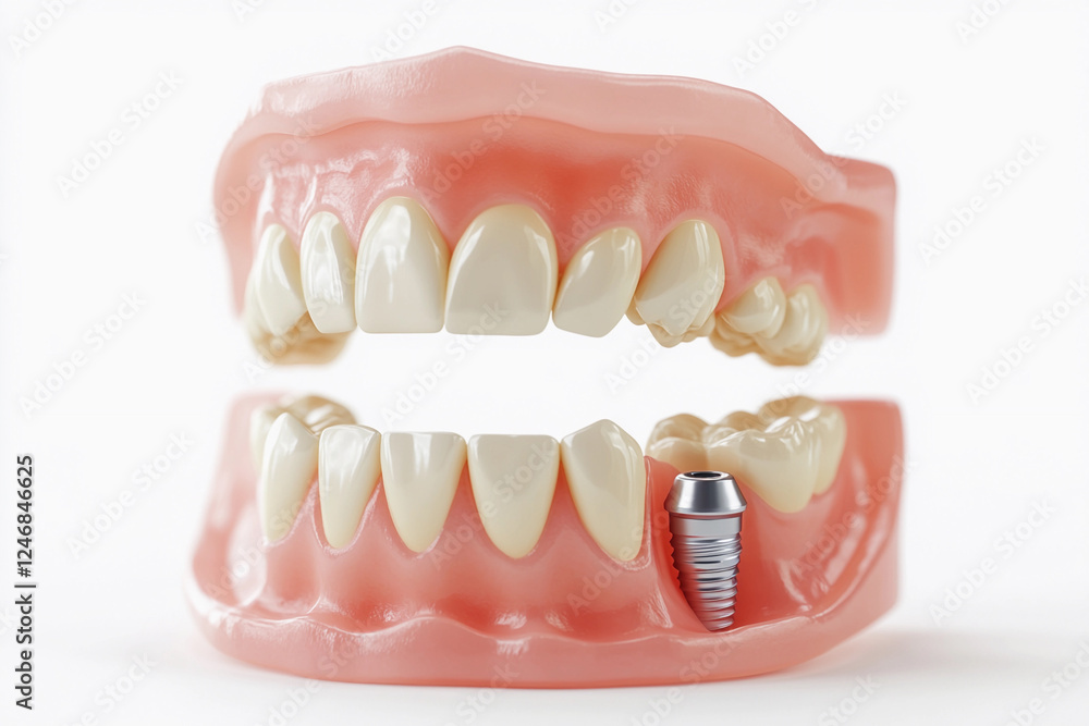 Obraz premium Dental implants displayed in a model of a human jaw demonstrating oral health and restoration procedures