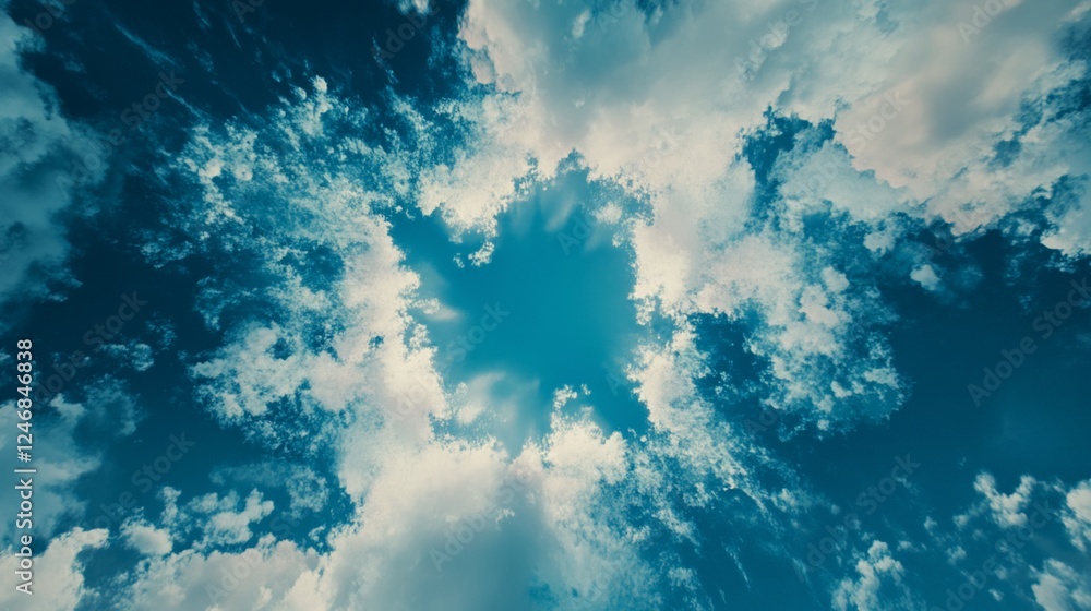 Fototapeta premium Dynamic Sky View: An Explosive Zoom on Blue Sky and White Clouds Creating a Unique Abstract Pattern