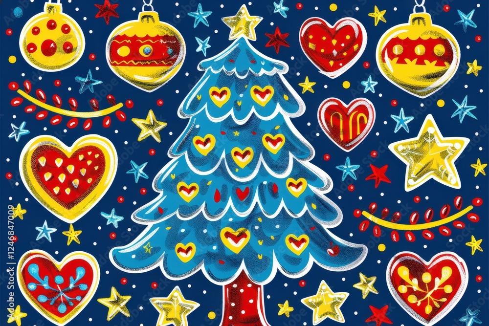 A colorful, festive illustration of a Christmas tree surrounded by hearts, stars, and ornaments, set against a dark blue background. A colorful, festive illustration of a Christmas tree surrounded by hearts, stars, and ornaments, set against a dark blue background.