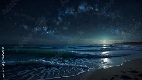 Fototapeta Naklejka Na Ścianę i Meble -  A glowing night ocean scene where crashing waves emit a soft blue bioluminescent light, with millions of twinkling stars reflecting on the water’s surface
