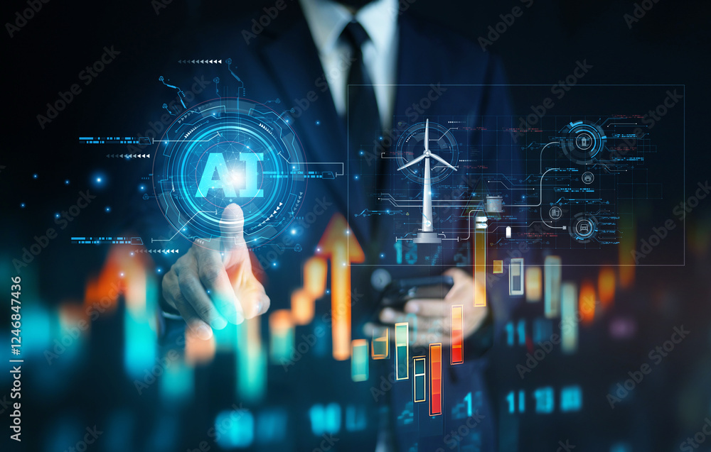The businessman uses AI to analyze clean energy investments, enabling more informed decision-making and reducing risks in a rapidly evolving market.