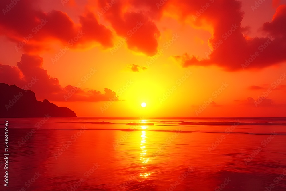 Fototapeta premium Golden Sun Setting Over Tranquil Sea Horizon