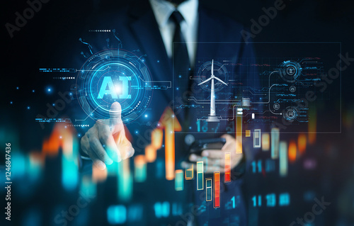 Obraz na płótnie The businessman uses AI to analyze clean energy investments, enabling more informed decision-making and reducing risks in a rapidly evolving market. w salonie