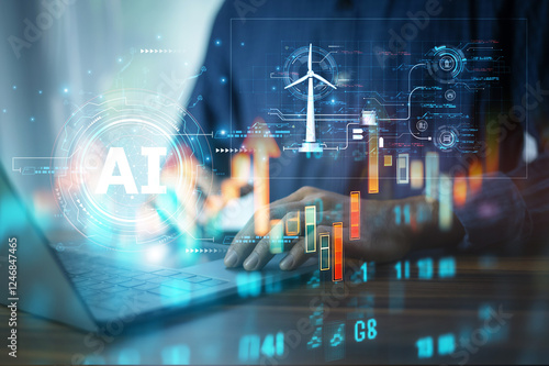 Obraz na płótnie The businessman uses AI to analyze clean energy investments, enabling more informed decision-making and reducing risks in a rapidly evolving market. w salonie