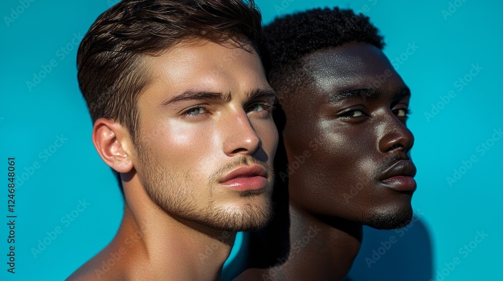 Obraz premium Two male models feature prominently, exuding confidence and elegance with glowing skin tones. Short hair and stylish stubble enhance their striking features, captured in soft, natural light