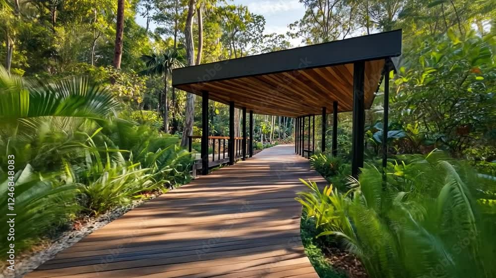 Inviting Woodland Walkway: A wooden walkway winds through lush greenery, shaded by a modern pergola, creating an idyllic setting for a peaceful stroll. The natural light filters through the canopy. Inviting Woodland Walkway: A wooden walkway winds through lush greenery, shaded by a modern pergola, creating an idyllic setting for a peaceful stroll. The natural light filters through the canopy.
