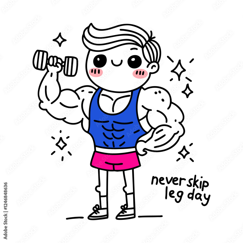 Bodybuilder flexing muscles and lifting a dumbbell. The phrase Never Skip Leg Day adds humor and fitness motivation. Bodybuilder flexing muscles and lifting a dumbbell. The phrase Never Skip Leg Day adds humor and fitness motivation.