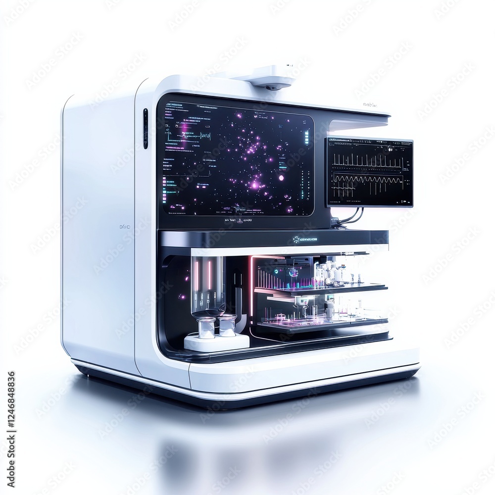 Fototapeta premium A sleek, modern laboratory device featuring a digital interface and glass containers, designed for advanced scientific research and experimentation.