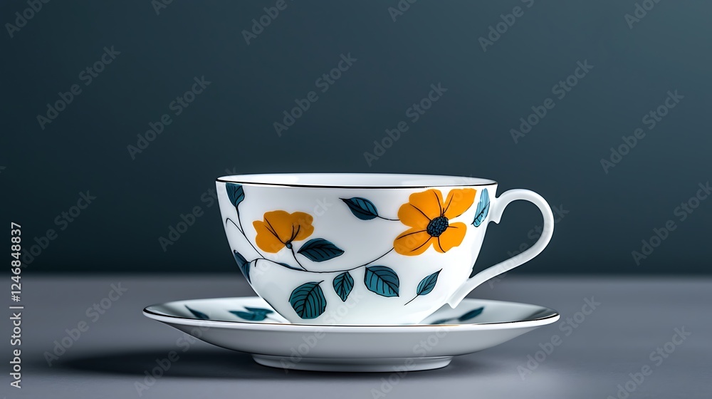 Fototapeta premium Elegant porcelain teacup with floral design on a saucer against a minimalist background