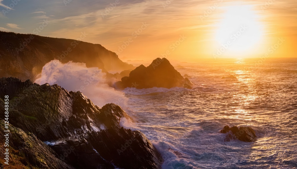 Fototapeta premium Sunset waves crashing on rocky shore in vibrant summer evening glow
