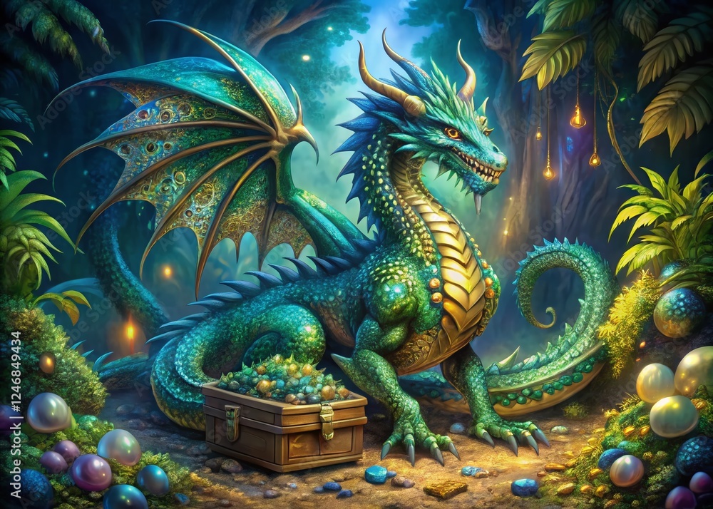 Fototapeta premium Majestic Fantasy Dragon Guarding Sparkling Treasure Chest in Vibrant Landscape