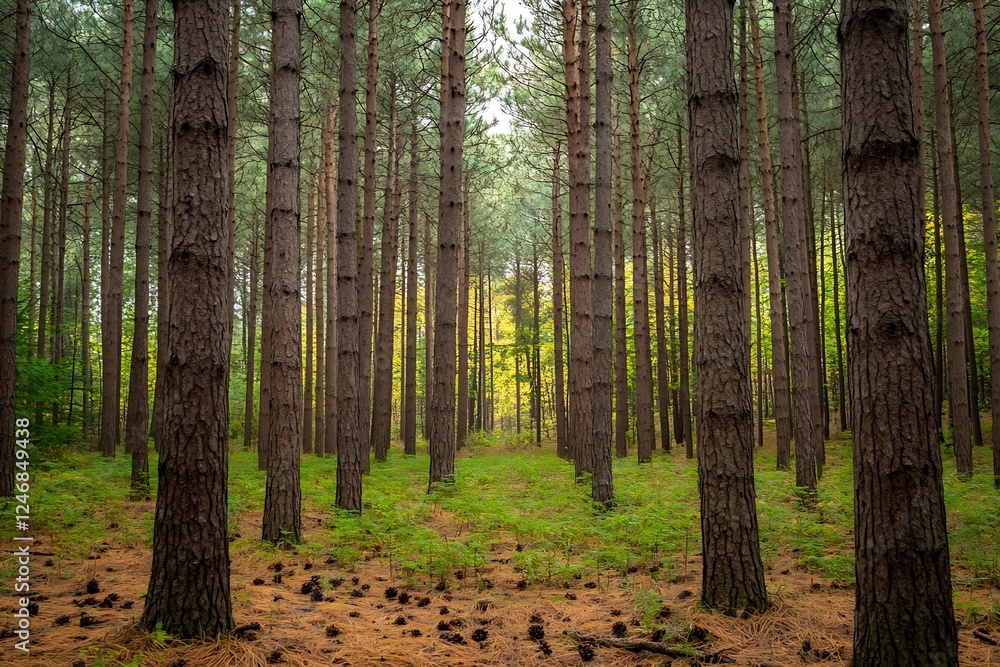 Fototapeta premium Majestic Pine Forest Woodland Landscape with Sunlight Filtering Through Trees : Generative AI