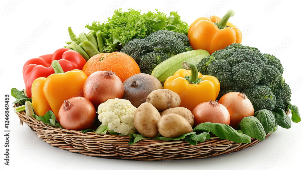 Fresh assorted organic vegetables and fruits in wicker basket, showcasing vibrant colors and healthy options Fresh assorted organic vegetables and fruits in wicker basket, showcasing vibrant colors and healthy options