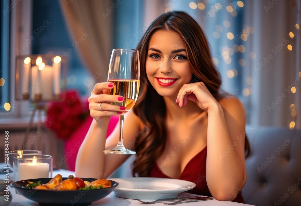 woman in dress holding a glass of champagne in a stylish lounge woman in dress holding a glass of champagne in a stylish lounge
