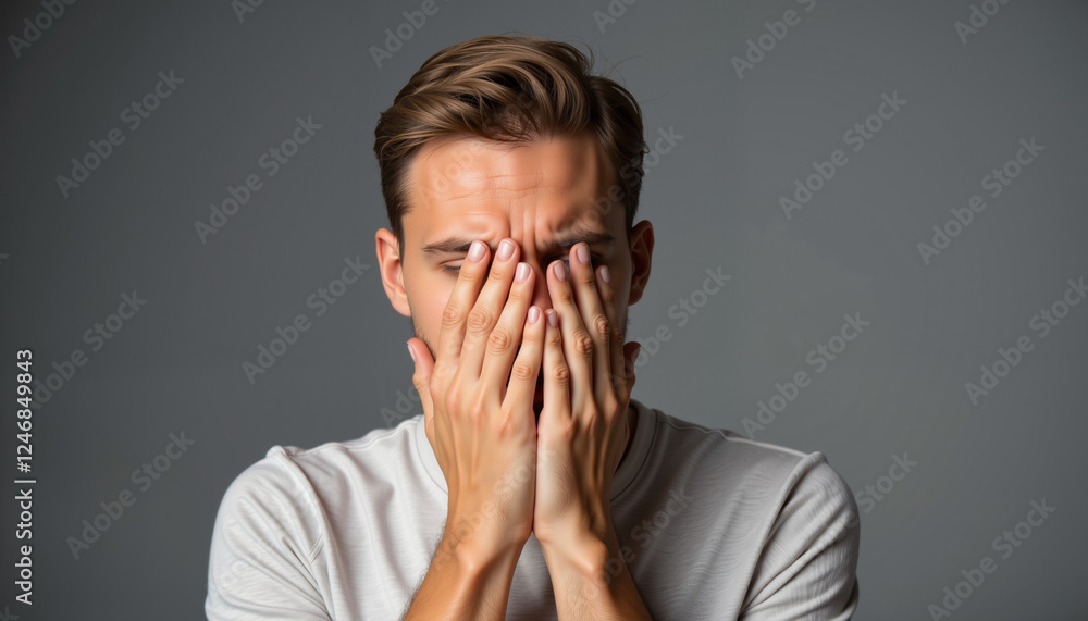 Tired young man covering face in muted tones, expression of distress Tired young man covering face in muted tones, expression of distress