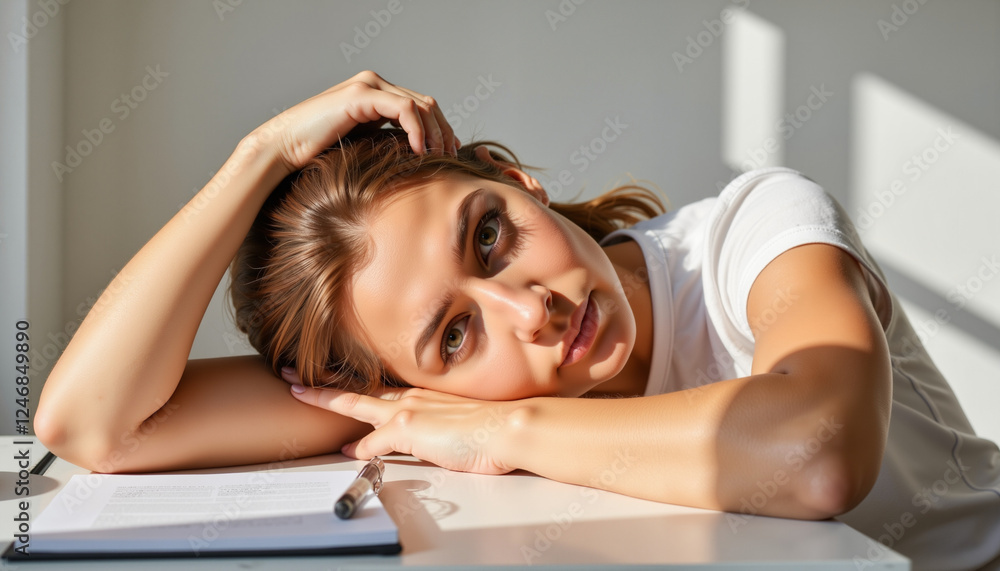Obraz premium Tired woman resting her head on arms at desk, calm reflection