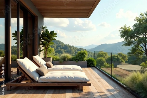 Modern outdoor patio with comfortable loungers and scenic mountain views.