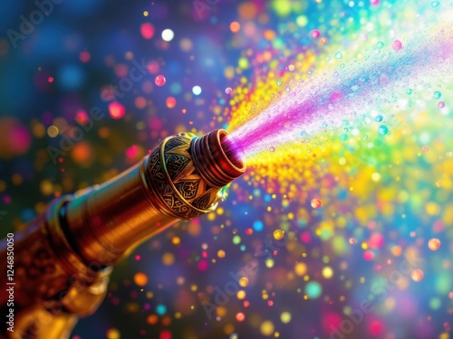 A single bright pichkari spraying a rainbow of Holi colors, close-up shot capturing the fine details of the water spray, dynamic and artistic composition.