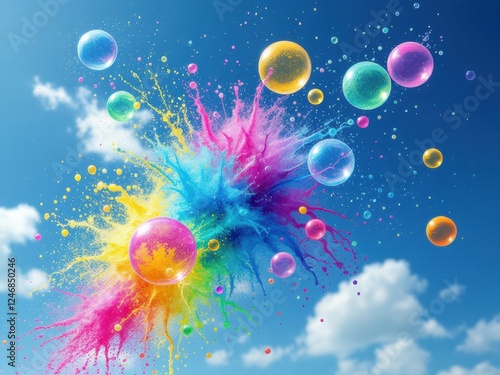 Water balloons bursting mid-air with Holi colors creating a vibrant spray, captured against a blue sky, bright and dynamic celebratory scene.