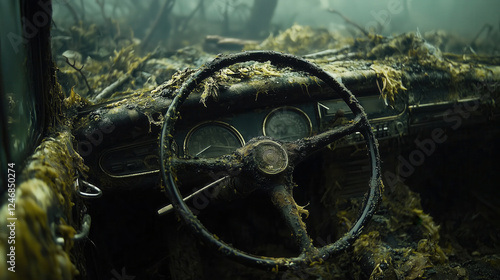 Wallpaper Mural close up view of car steering wheel covered in mold and decay, surrounded by nature reclaiming touch Torontodigital.ca