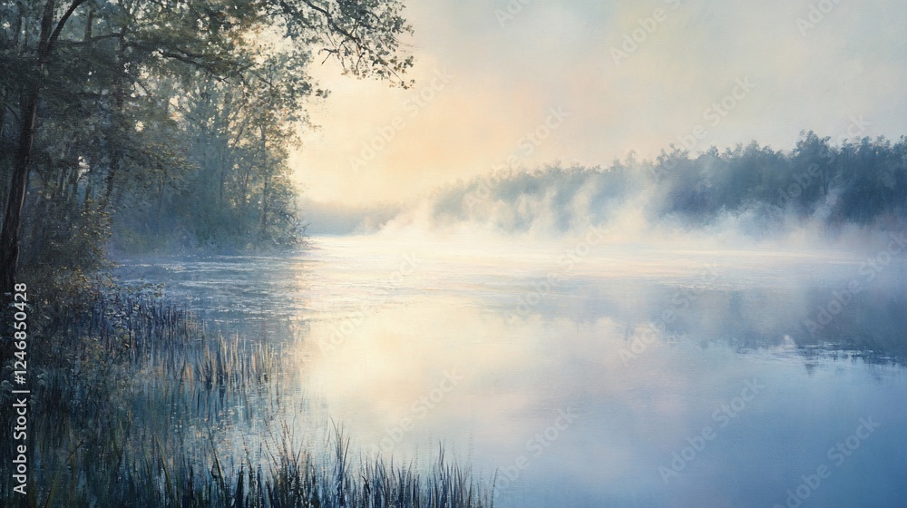 Fototapeta premium Misty sunrise lake, tranquil forest, calm water, nature scene, peaceful background, website banner