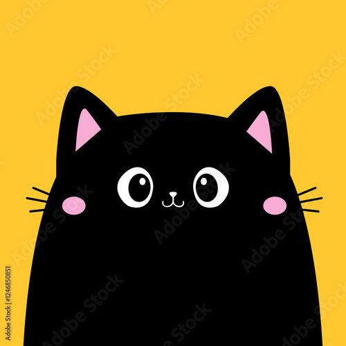 Black cat kitten kitty face head icon. Pink cheeks, ears. Cute cartoon funny baby character. Funny kawaii doodle animal. Pet collection. Childish style. Flat design. Isolated Yellow background. Vector