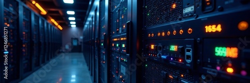 Futuristic data center with illuminated servers and advanced technology systems.